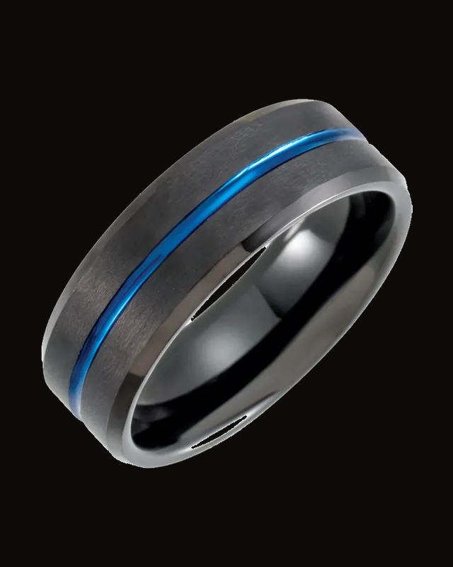 Beveled-Edge Grooved Comfort-Fit Band With Black And Blue Pvd — Black & Blue PVD Tungsten