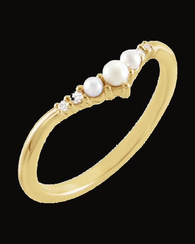 Cultured White Seed Pearl And 0.03 CTW Natural Diamond Contour Band — 14K Yellow Gold · 1.86 mm