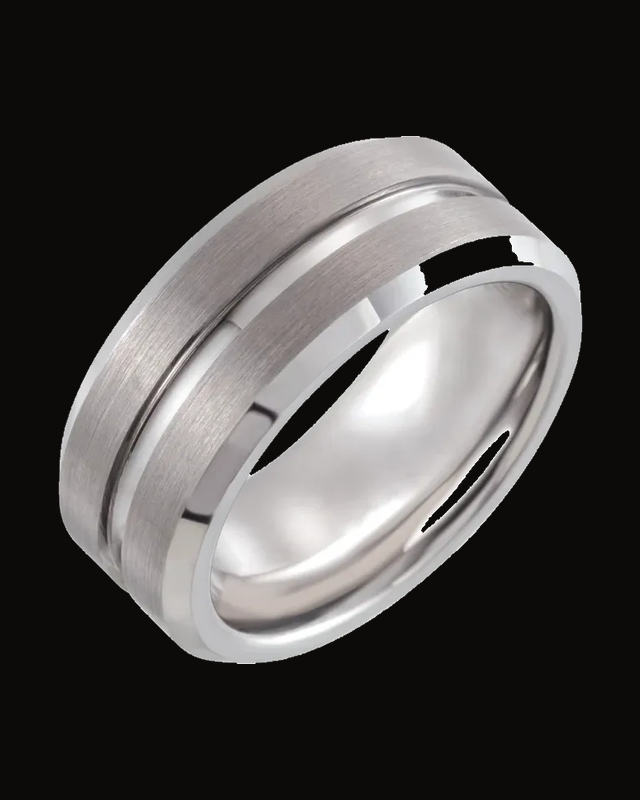 Beveled-Edge Grooved Comfort-Fit Band with Satin Finish — Tungsten · 8 mm — Satin/Polished