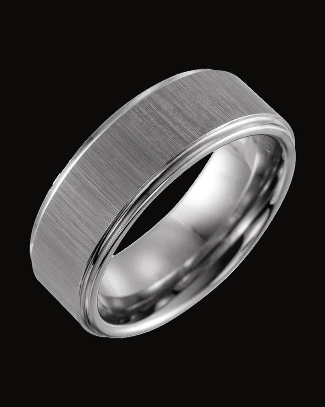 Stepped-Edge Comfort-Fit Flat Band with Stone Finish — Tungsten · 8 mm