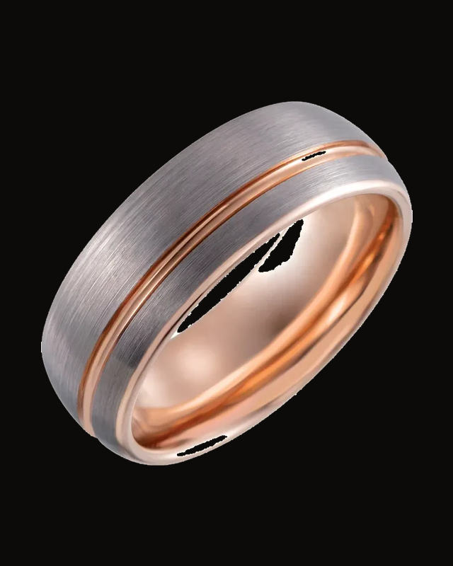 Comfort-Fit Half Round Band With Satin Finish And An 18K Rose Gold Pvd — 18K Rose Gold PVD Tungsten · 8 mm