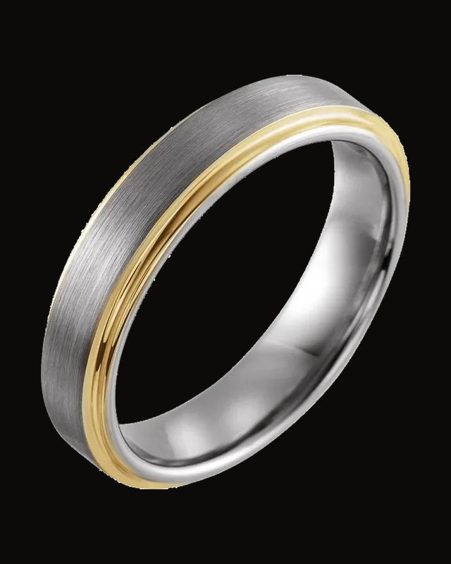 Stepped-Edge Comfort-Fit Flat Band With 18K Yellow Gold Pvd — 18K Yellow Gold PVD Tungsten · 5 mm