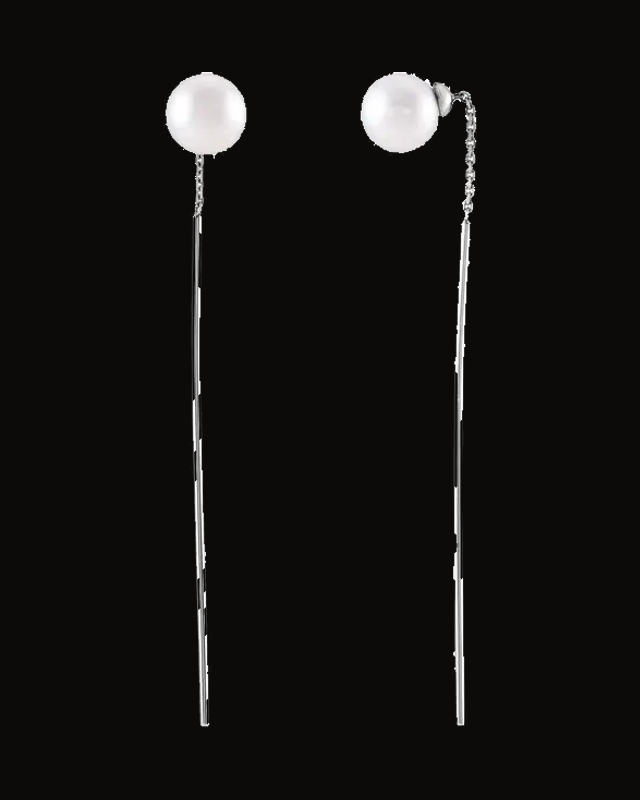White Freshwater Cultured Pearl Threader Earrings — 14K Yellow / White Gold