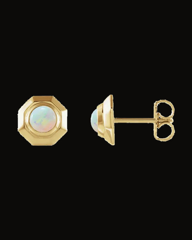 Natural White Opal Cabochon Stud Earrings — 14K Yellow Gold · 4 mm