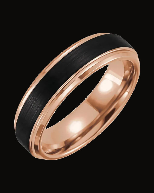 Beveled Stepped-Edge Comfort-Fit Band With Satin Finish And An 18K Rose Gold And Black Pvd — 18K Rose Gold PVD & Black PVD Tungsten · 6 mm