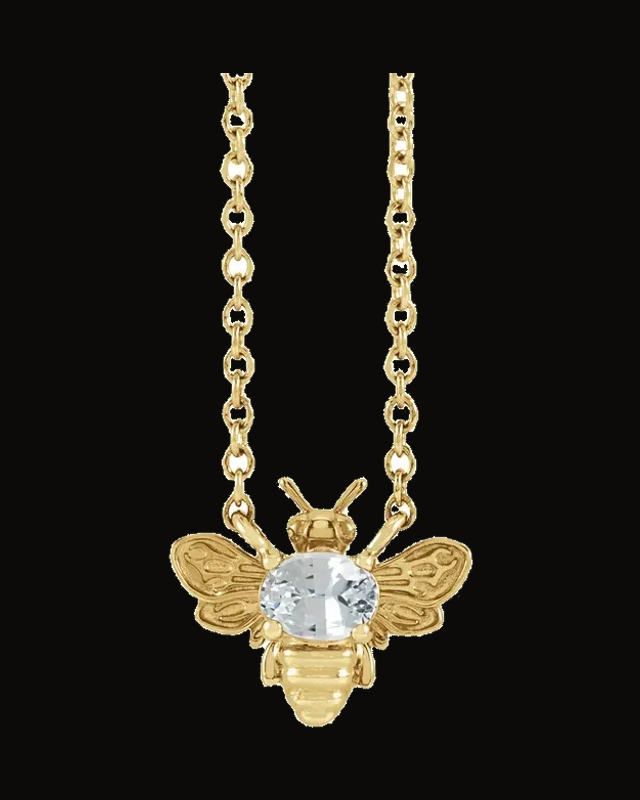 Natural White Sapphire Bee Necklace — 14K Yellow Gold · 4 x 3 mm