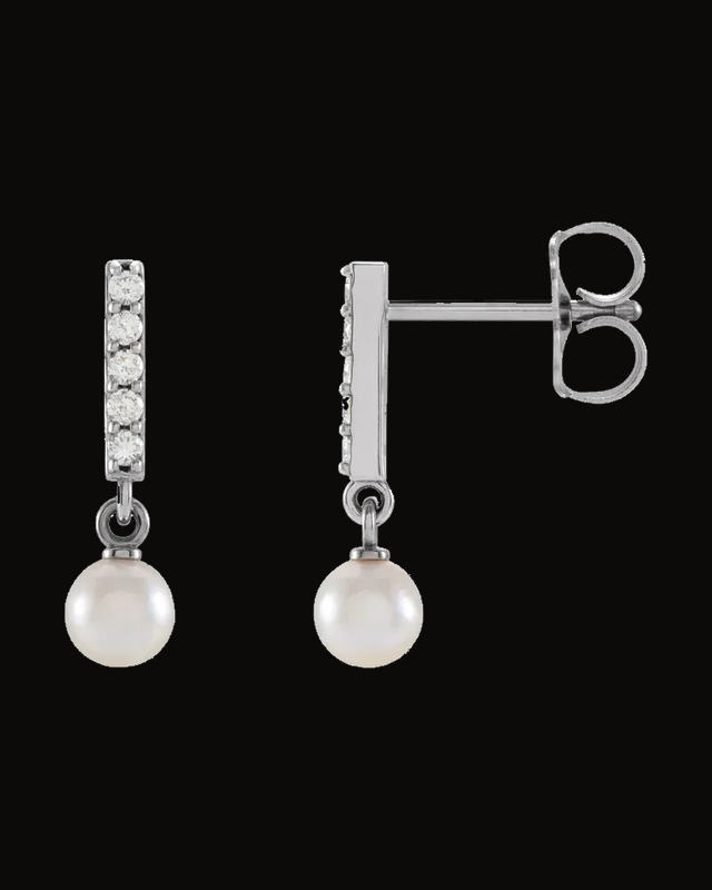 White Akoya Pearl And Diamond Bar Dangle Earrings — Rhodium-Plated on 14K White Gold · 0.08 CTW
