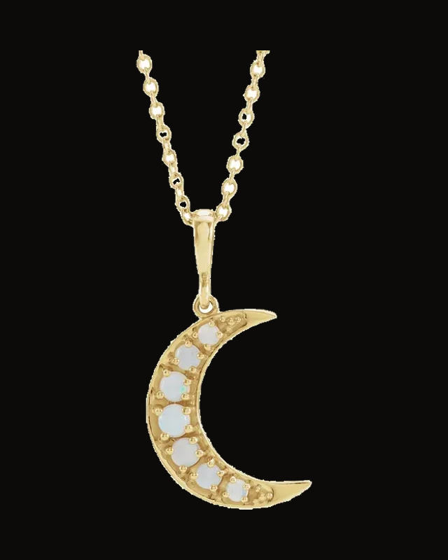 Cabochon Crescent Moon Necklace or Pendant — 14K Yellow Gold · Natural Opal