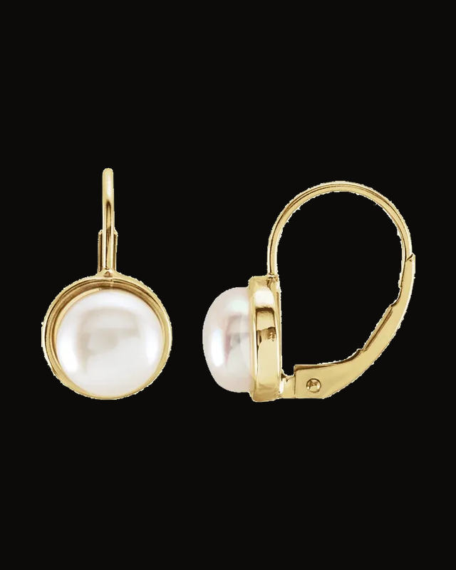Cultured White Freshwater Pearl Lever Back Earrings — 14K Yellow Gold · 7.5 mm