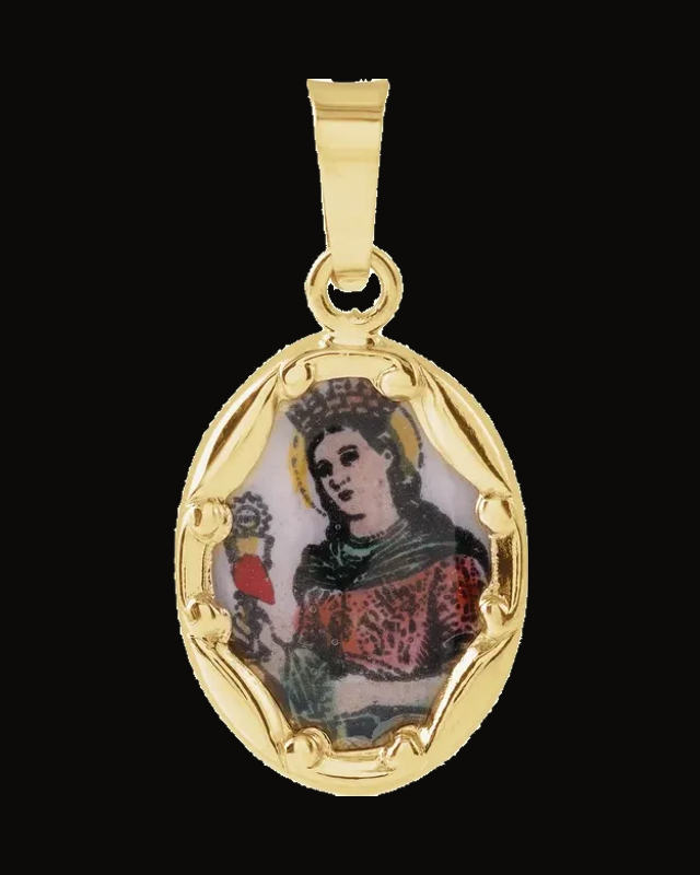 Hand Painted Porcelain St. Barbara Medal — 14K Yellow Gold