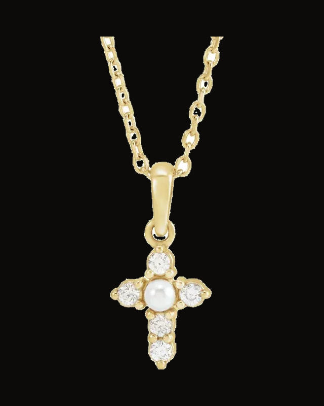 Cultured White Seed Pearl And 0.07 CTW Natural Diamond Petite Cross Necklace — 14K Yellow Gold