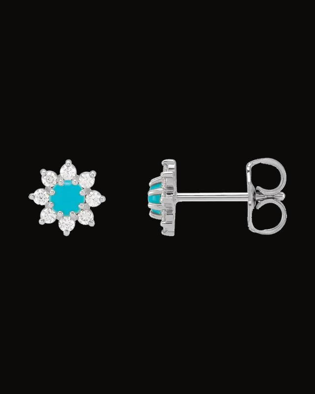 Natural Turquoise And 1/8 CTW Natural Diamond Cabochon Flower Earrings — 14K White / Yellow Gold
