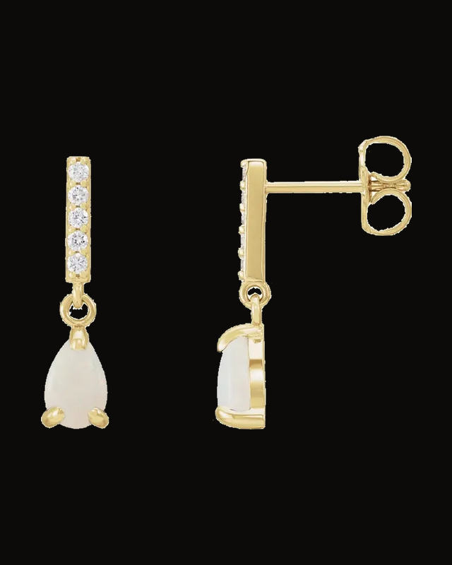 Natural White Opal And 0.08 CTW Natural Diamond Dangle Earrings — 14K Yellow Gold