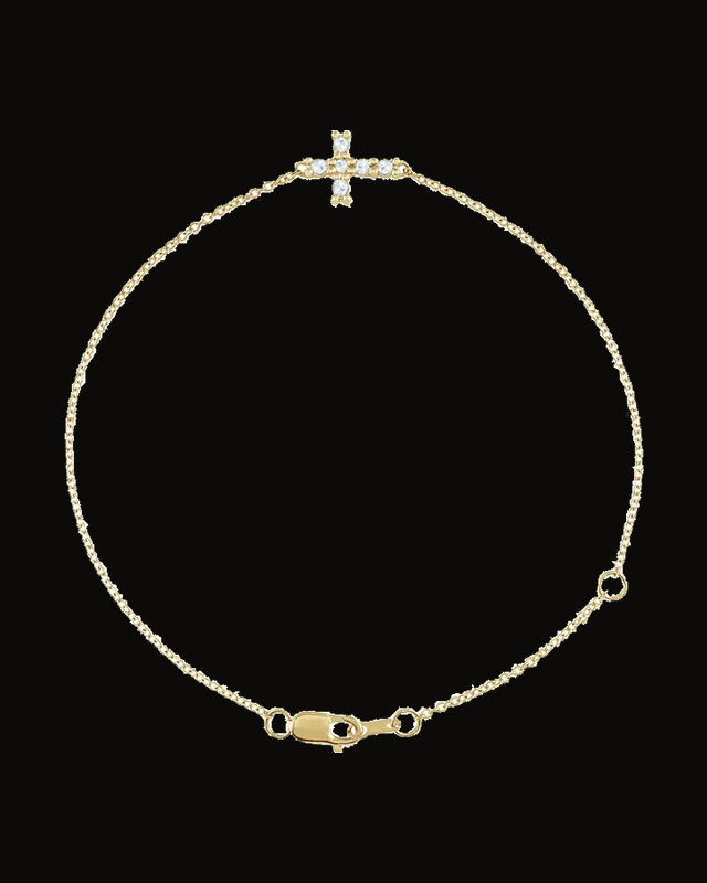 1/8 CTW Natural Rose-Cut Diamond Sideways Cross Bracelet — 14K Yellow Gold