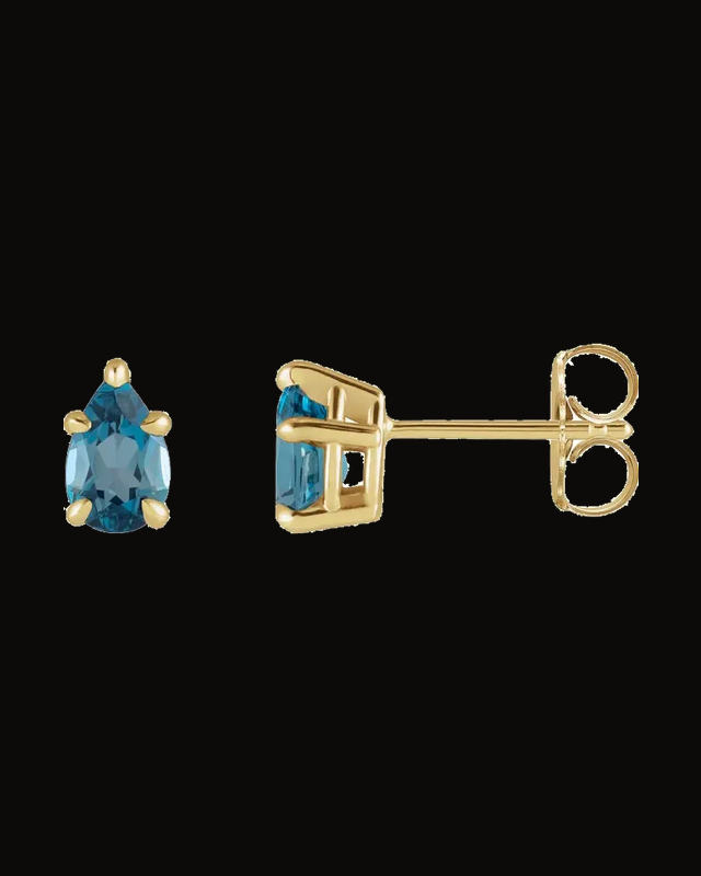 Natural London Blue Topaz 5-Claw Prong Solitaire Earrings — 14K Yellow Gold · 6 x 4 mm